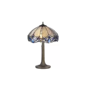Image of 2 Light Tree Like Table Lamp E27 With 40cm Tiffany Shade, Blue, Clear Crystal, Aged Antique Brass