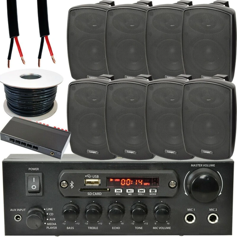 Image of Loops 4 Zone Outdoor Bluetooth Kit 8x 60W Black Speaker Stereo Amplifier Garden BBQ Black unisex