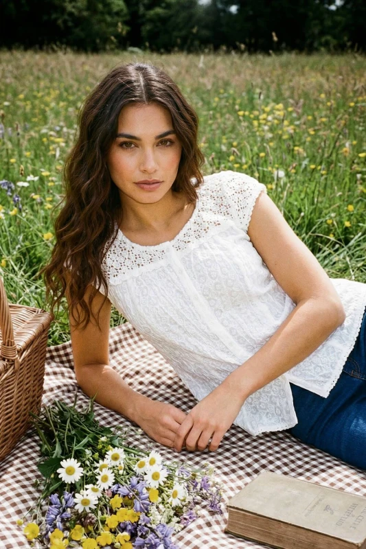 Image of Roman Womens Lace Embroidered Crinkle Blouse Broderie Anglaise Cotton Top in White Size: 16 White Female 16