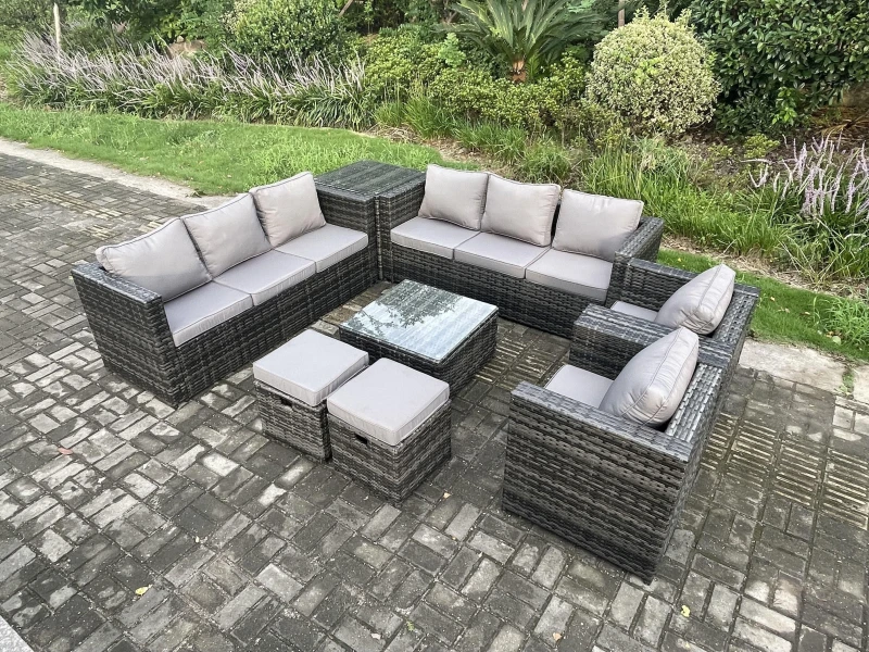 Image of Fimous Rattan Garden Furniture Sofa Set with 2 Armchairs Square Coffee Table Side Table 2 Small Footstools Indoor Side Table Dark Grey
