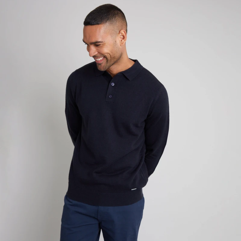 Image of Threadbare 'Whitlow' Long Sleeve Knitted Polo Jumper Navy