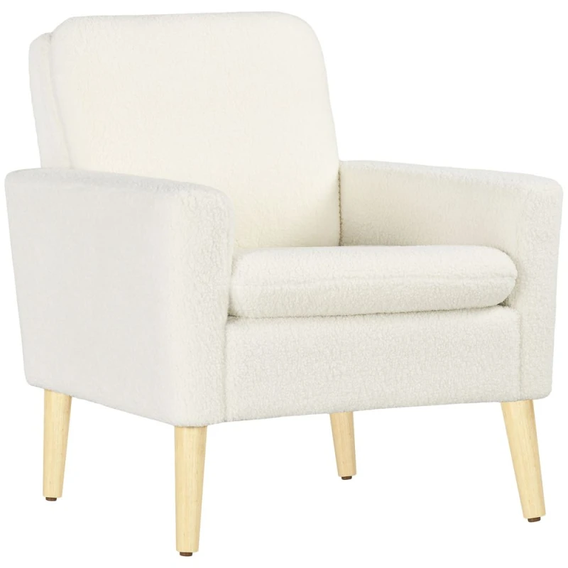 Image of HOMCOM Modern Accent Chair With Wood Legs Wide Seat Teddy Armchair Cream 83B-010V70CW