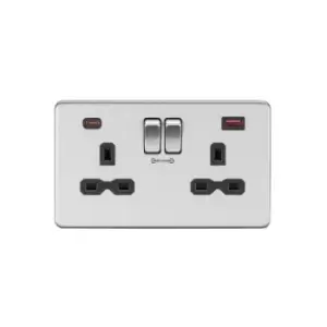 Image of 13A 2G DP Switched Socket with Dual USB FASTCHARGE ports (A + C) - Brushed Chrome with Black insert - Knightsbridge