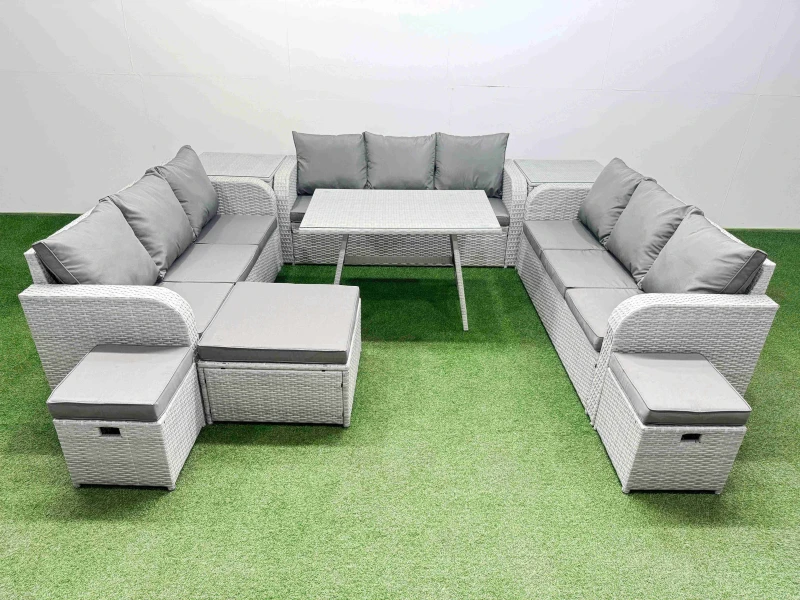 Image of Fimous 12 Seat Outdoor PE Rattan Garden Furniture with 2 Side Tables 3 Stool in Light Grey Light Grey Unisex