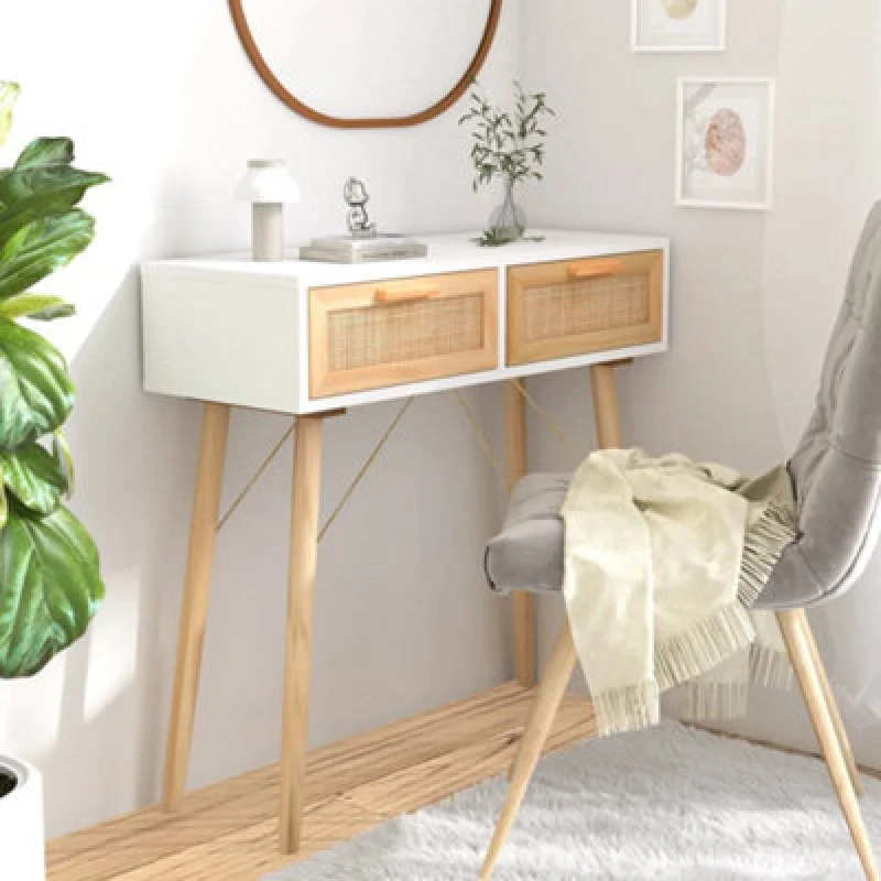 Image of Vidaxl Console Table White 80X30X75cm Solid Wood Pine&natural Rattan