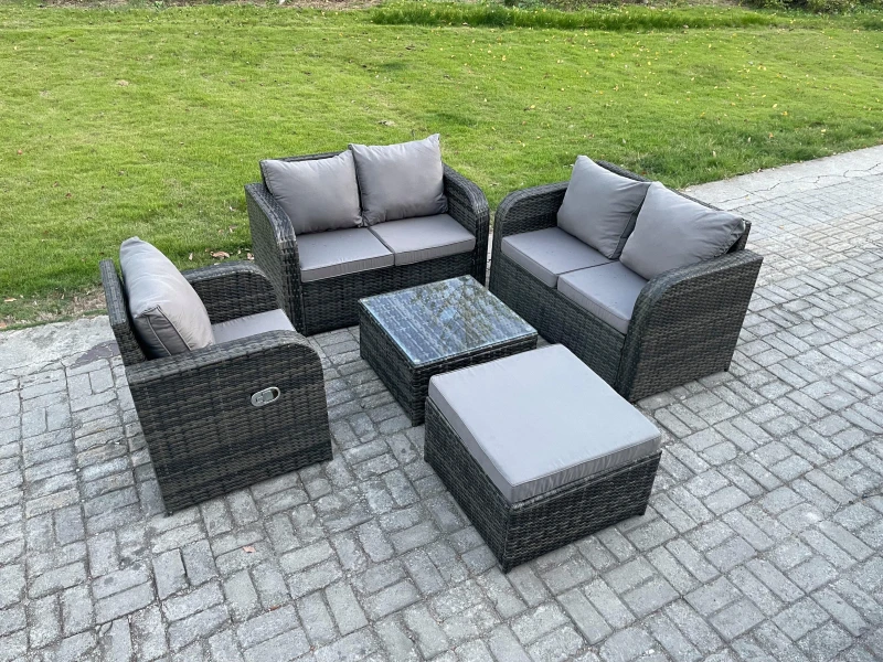 Image of Fimous 5 Piece Garden Furniture Sets 6 Seater Outdoor Patio Furniture Set Weaving Wicker Rattan Sofa Chair and Table with Big Footstool Dark Grey