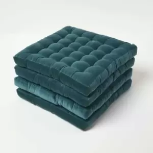 Image of Set of 4 Teal Green Quilted Velvet Chair Pad, 40 x 40cm - Green - Homescapes