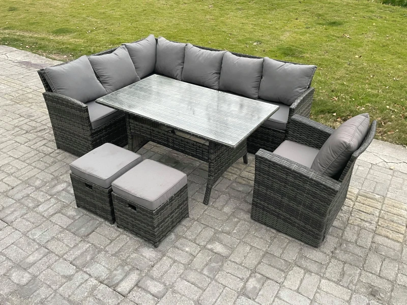 Image of Fimous Outdoor Rattan Garden Furniture Corner Sofa Set with Rectangular Dining Table 2 Small Footstools Armchair in Dark Grey Dark Grey Unisex