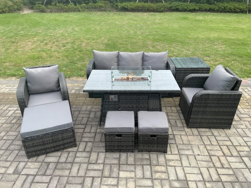 Image of Fimous Wicker Rattan Garden Furniture Sofa Set Gas Fire Pit Dining Table Indoor Outdoor with Side Table Chair 3 Footstools Dark Grey