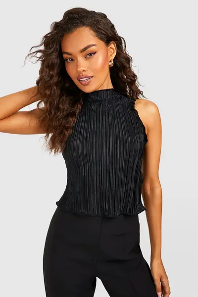 Image of boohoo Plisse High Neck Top Black