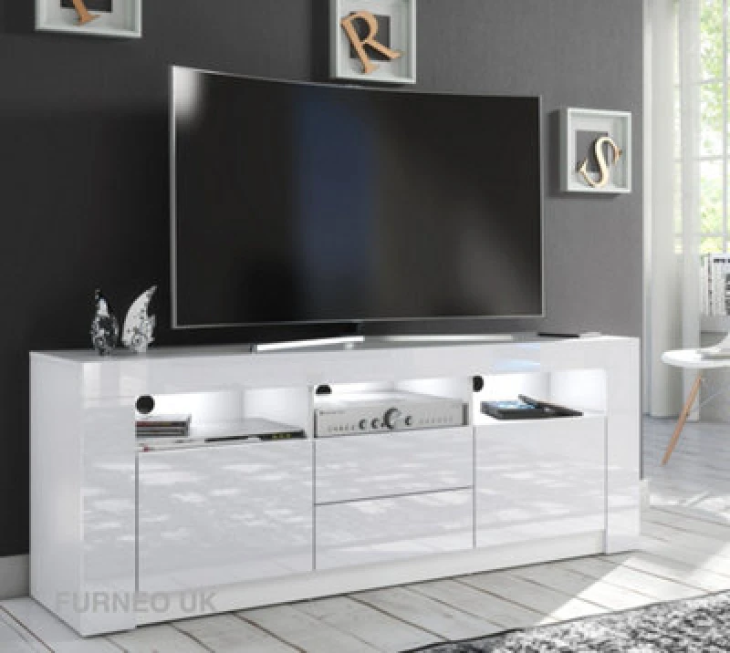 Image of Furneo White TV Stand 160Cm Unit Cabinet Matt & High Gloss Clifton 18 White LED Lights