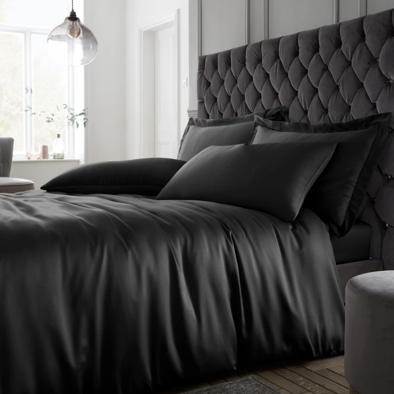 Image of Catherine Lansfield Silky Soft Satin Duvet Cover Set - Black Single