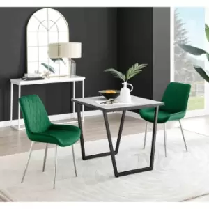 Image of Furniture Box Carson White Marble Effect Square Dining Table and 2 Green Pesaro Silver Chairs