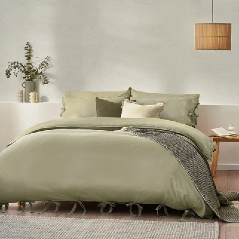 Image of Mallow Bow Tie Duvet Cover Set Soft Sage, Soft Sage / Single