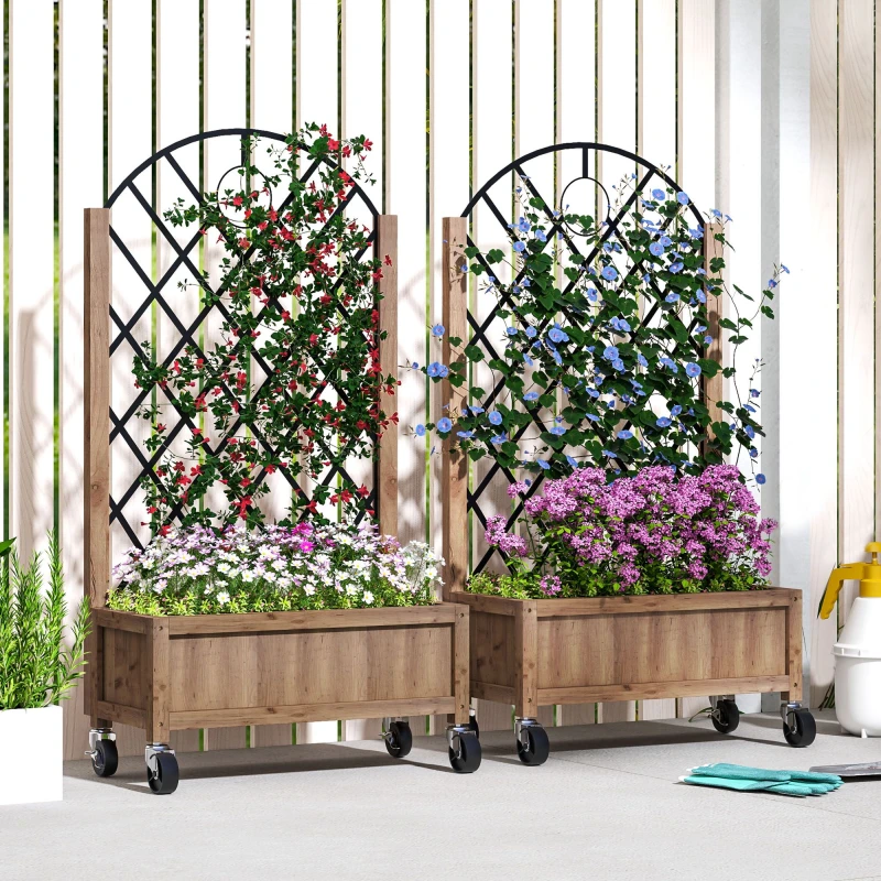Image of Outsunny Outsunny Pack of 2 Wooden Raised Bed, Outdoor Planter Box w/ Metal Trellis Brown