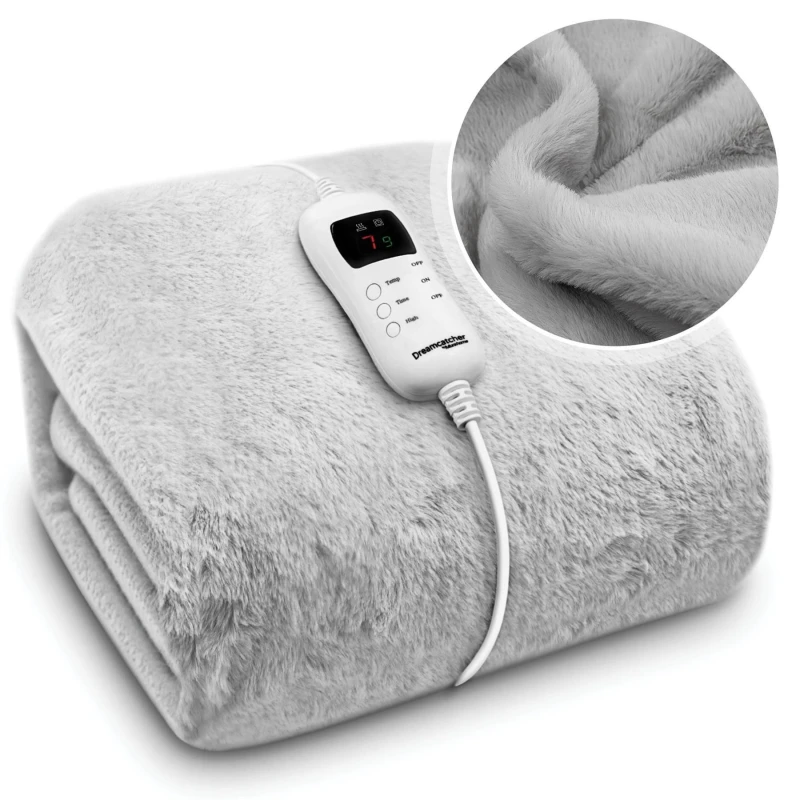 Image of Dreamcatcher Electric Heated Fur Throw 160 X 120Cm 9 Heat Settings And Timer - Light Grey DEFTLG