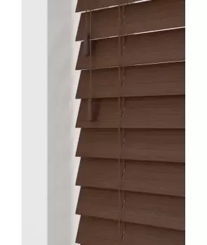 Image of Chocolate 50mm Fine Grain Slatted Faux Wood Venetian Blinds with Strings 130cm Drop