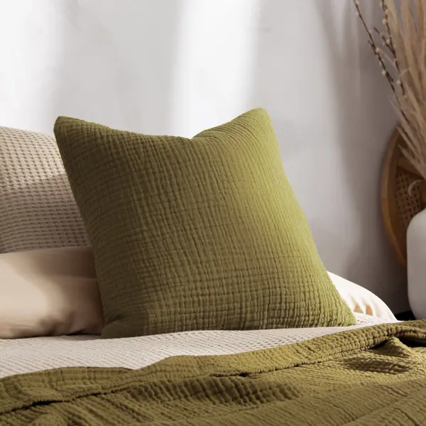 Image of Lark Muslin Crinkle Cotton Cushion Khaki, Khaki / 45 x 45cm / Polyester Filled
