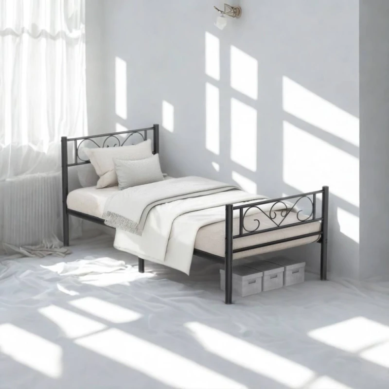 Image of Pirlo Plush Single Metal Bed Frame with Headboard Black Unisex Single