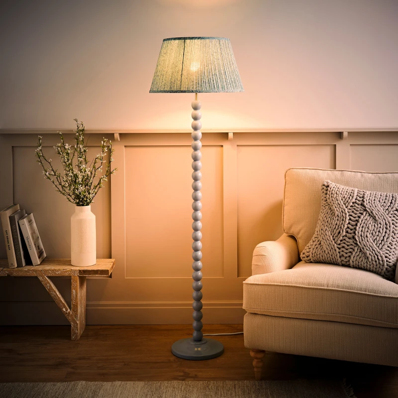 Image of ValueLights ValueLights Bobbin Bobbles Floor Lamp with Leaf Pleated Taper Lamp Shade and Bulb in Pale Blue Pale Blue One Size Unisex 5059406069048