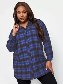 Image of Yours Brushed Oversized Boyfriend Shirt Blue Check, Blue, Size 20, Women