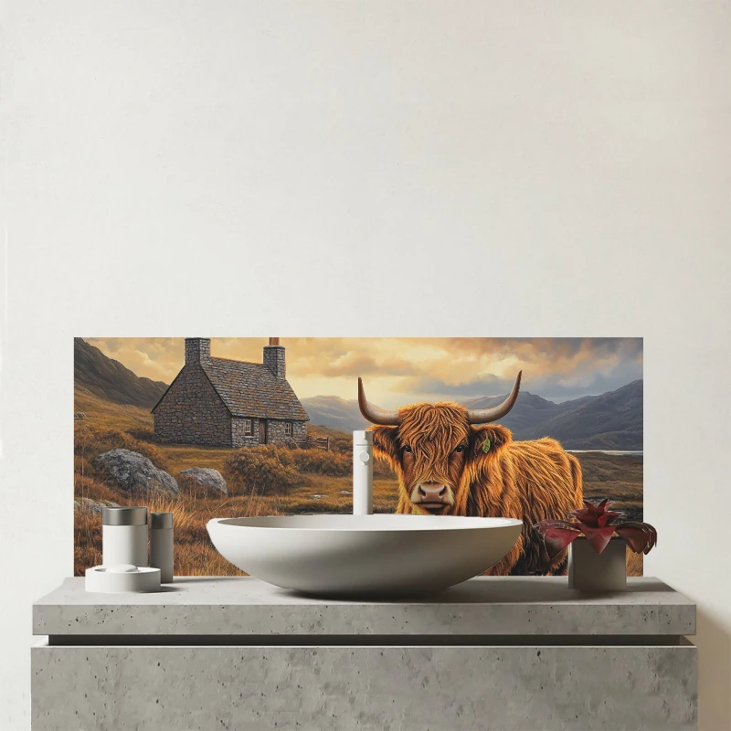 Image of Warren Reed - Designer Highland Cow & A Cottage Glass Bathroom Splashback in Brown Brown Unisex