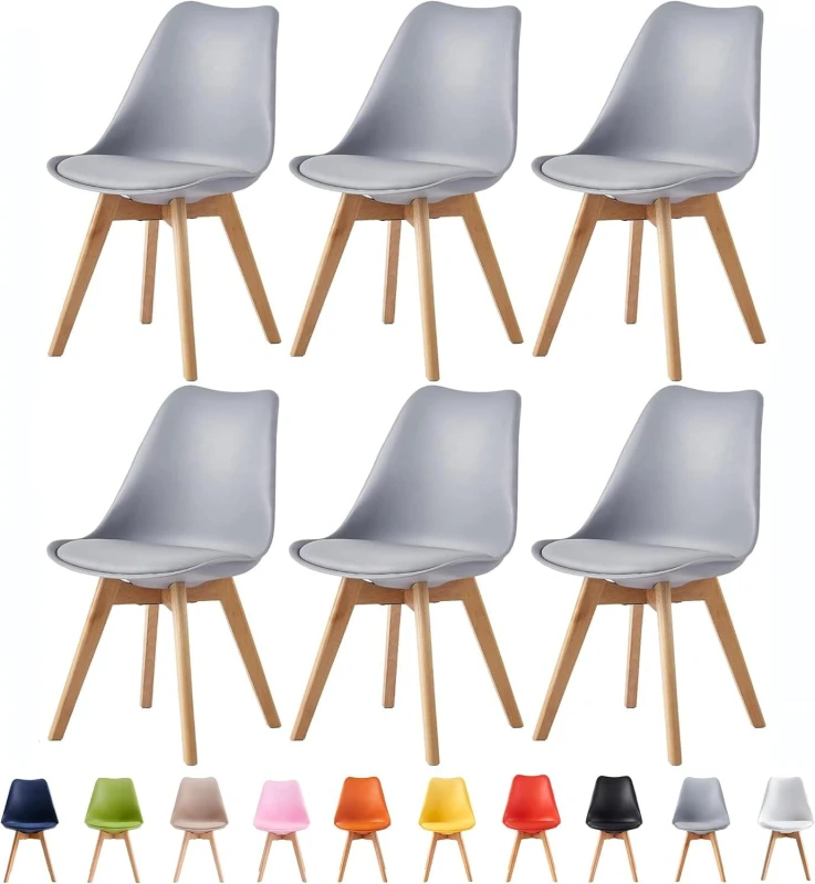 Image of MCC Direct Set of 6 Dining Chairs with Solid Wooden Legs & Seat Cushion Pads in Grey - Eva by MCC Grey Unisex