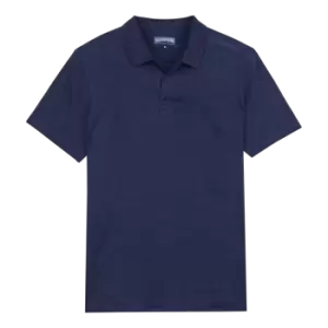 Image of Men Linen Jersey Polo Shirt Solid - Pyramid - Blue - Size XL - Vilebrequin