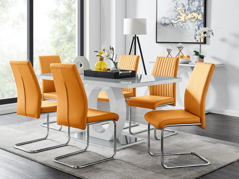 Image of FurnitureboxUK FurnitureboxUK Giovani 6-Seater Grey Glass Dining Table and 6 Lorenzo Faux Leather Dining Chairs in Mustard Mustard One Size Unisex 505