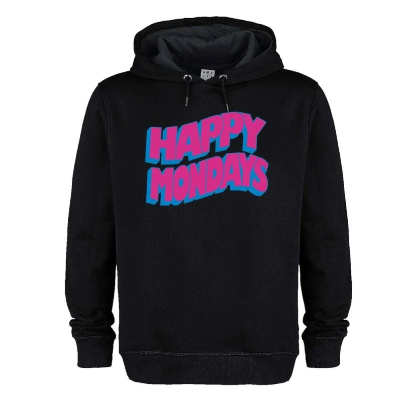 Image of Amplified Mens Wave Logo Happy Mondays Hoodie in Black Size: XS Black Male XS