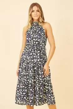 Image of Navy Halter Neck Floral Midi Dress