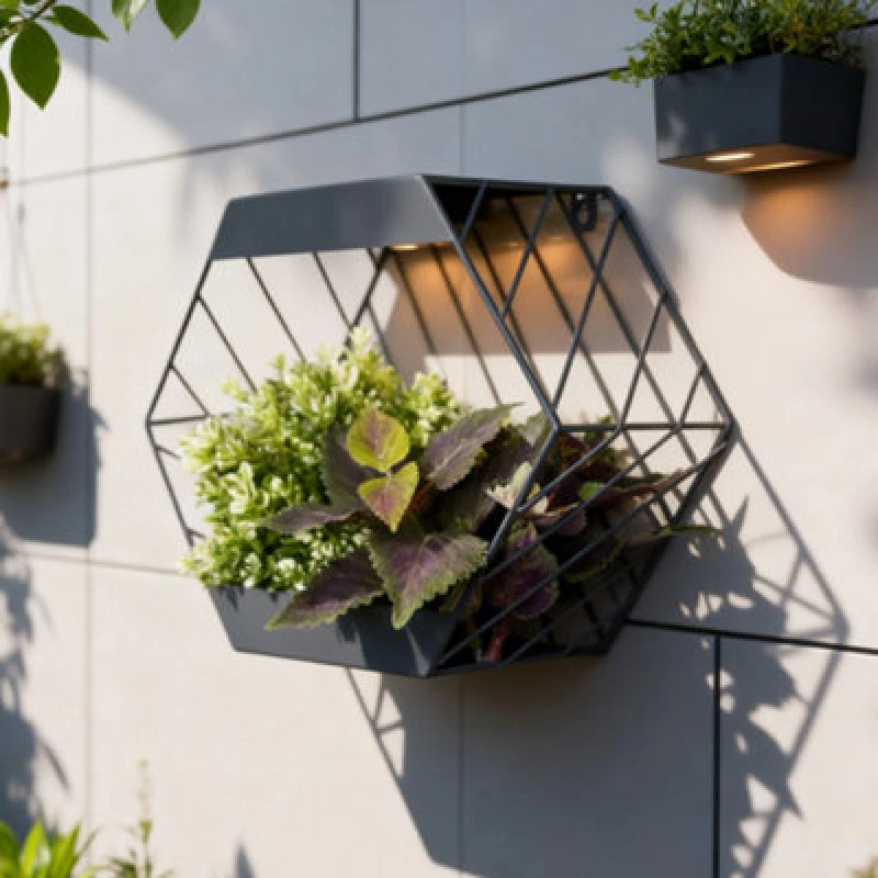 Image of Gardenwize Solar Hex Wall Planter Metal Hanging Planter With Warm White Solar LED Wall Light Black Hex Frame