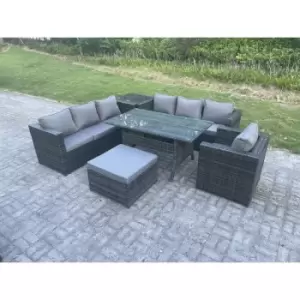 Image of Fimous 7 Seater Outdoor Dark Grey Rattan Lounge Complete Sofa Set with Patio Chair, Rectangular Dining Table and Big Footstool