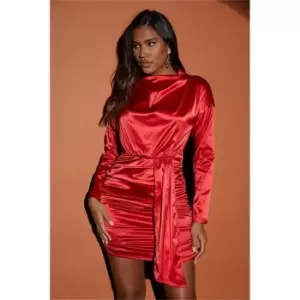 Image of I Saw It First Red Satin High Neck Ruched Drape Detail Bodycon Dress - Red