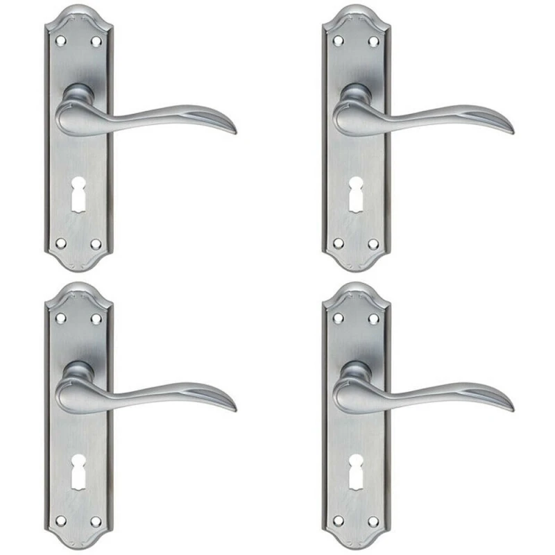 Image of Loops 4x PAIR Curved Door Handle Lever on Lock Backplate 180 x 45mm Satin Chrome Multi