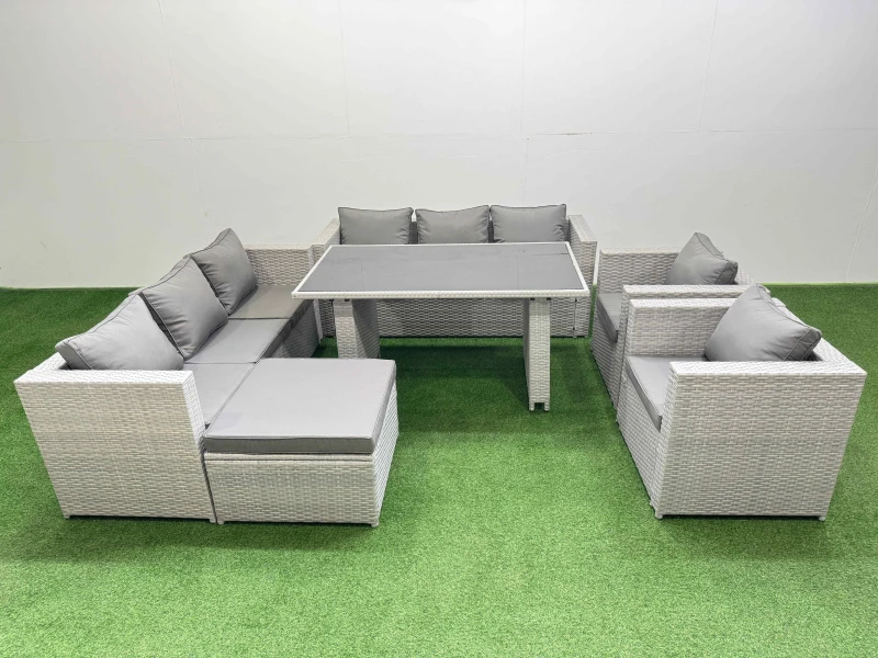 Image of Fimous 9 Seater Outdoor Dining Table 3 Seater Sofa Set with Big Stool in Light Grey Light Grey Unisex