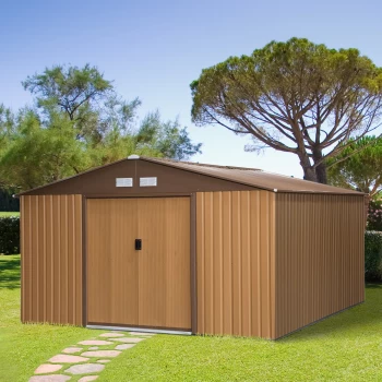 Image of Outsunny 13ft x 11ft Outdoor Garden Roofed Metal Storage Shed Tool Box with Foundation Ventilation & Doors Yellow