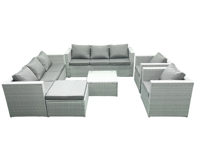 Image of Fimous Outdoor Rattan Sofa Garden Furniture Set with 2 Armchairs Square Coffee Table Big Footstool Light Grey Mixed Light Grey
