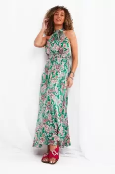 Image of Silky Paisley Shirred Waist Halterneck Maxi Dress