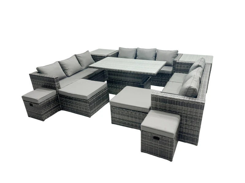 Image of Fimous Rattan Dining Table Sofa Set with 2 Side Tables Stools Outdoor 13 Seat in Dark Grey Dark Grey Unisex