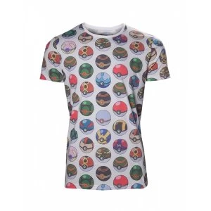 Image of Pokemon Mens All-over Poke Ball Print Large T-Shirt - Grey