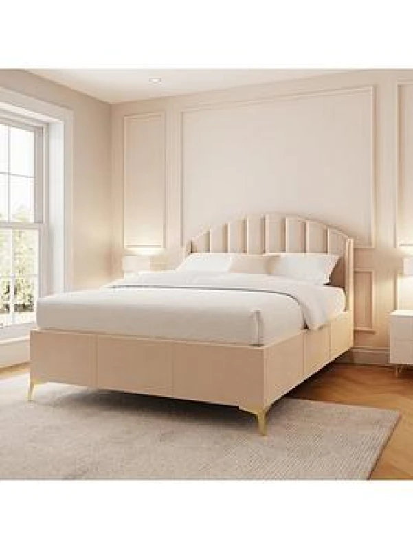 Image of GFW Pettine Double Natural Upholstered Ottoman Bed & Bonnel Mattress, Cream PET46NTSB