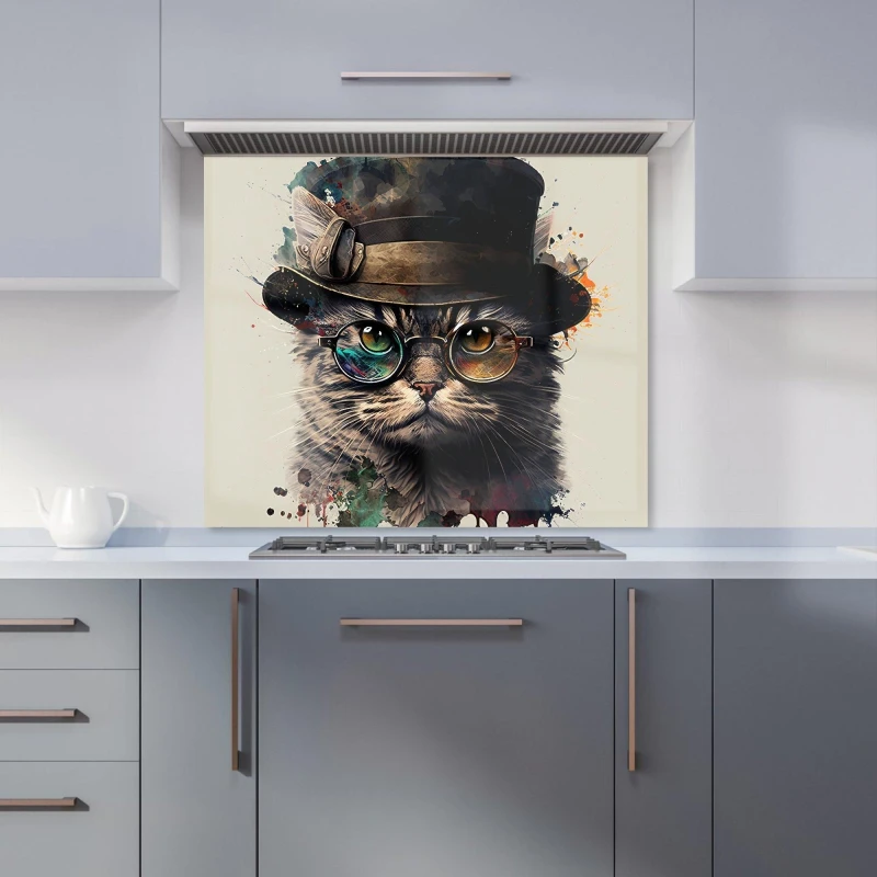 Image of Warren Reed - Designer Cat With Glasses & Hat Splashart Kitchen Splashback Size: 600mm x 750mm Multicolor Unisex 600mm x 750mm