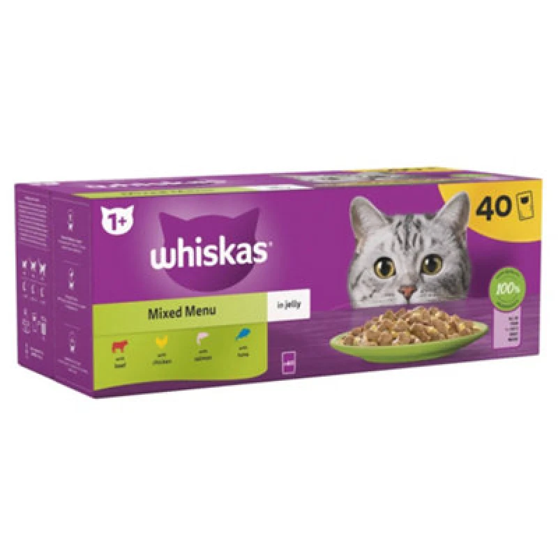 Image of Whiskas 1+ Cat Food Pouches Mixed Menu In Jelly 40 X 85G