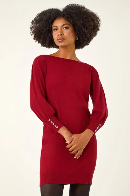 Image of Roman Button Detail Slash Neck Knitted Stretch Dress Red