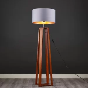 Image of Beltane Dark Wood Floor Lamp with XL Grey and Copper Reni Shade