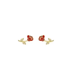 Image of Disney Beauty And The Beast Sterling Silver Gold plated Red Rose Earrings E906309YZWL