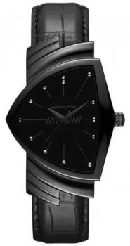 Image of Hamilton Ventura Mens Black Leather Strap Black Dial Watch