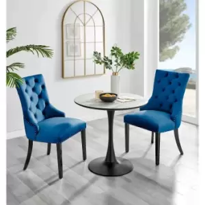 Image of Furniture Box Elina White Marble Effect Round Dining Table and 2 Blue Belgravia Black Leg Chairs