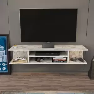 Image of Decorotika Pivot 120 Cm Wide Floating Wall Mounted TV Stand, TV Unit, TV Cabinet Storage With Open Shelves (White Marble Effect)